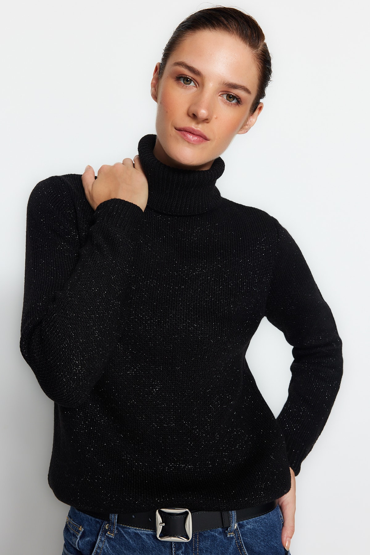 Trendyol Black Glittery Turtleneck Knitwear Sweater
