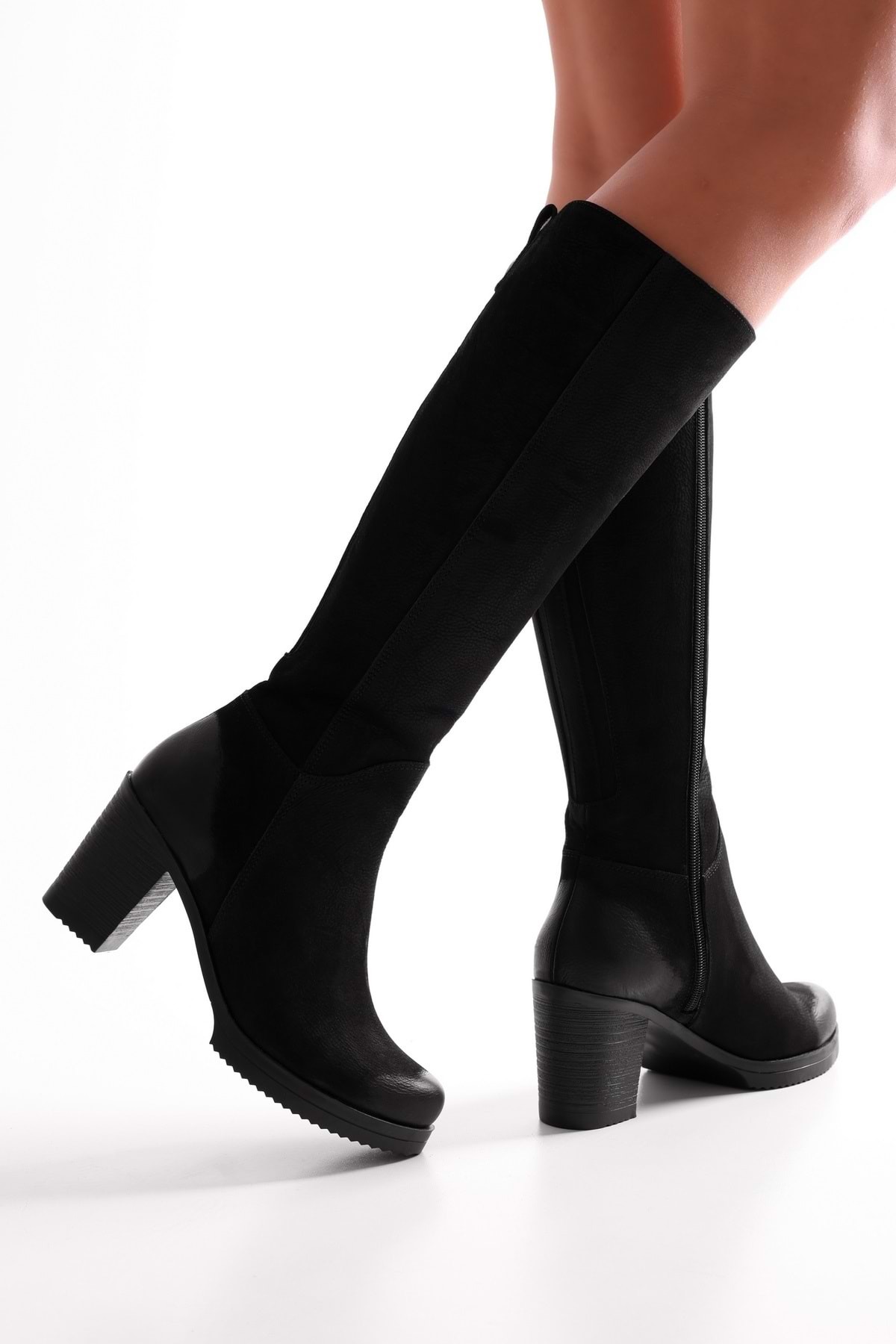 Levně Shoeberry Women's Daen Black Genuine Suede Leather Heeled Boots Black Genuine Suede Leather