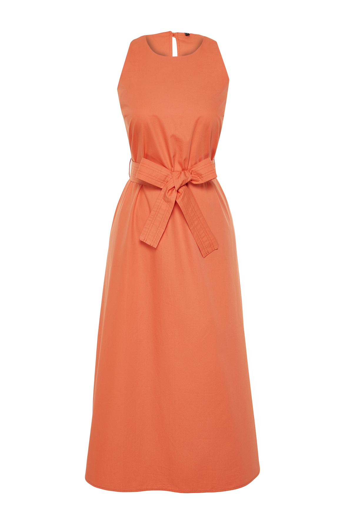 Trendyol Orange Belted 100% Cotton Poplin Pocket Midi Woven Dress