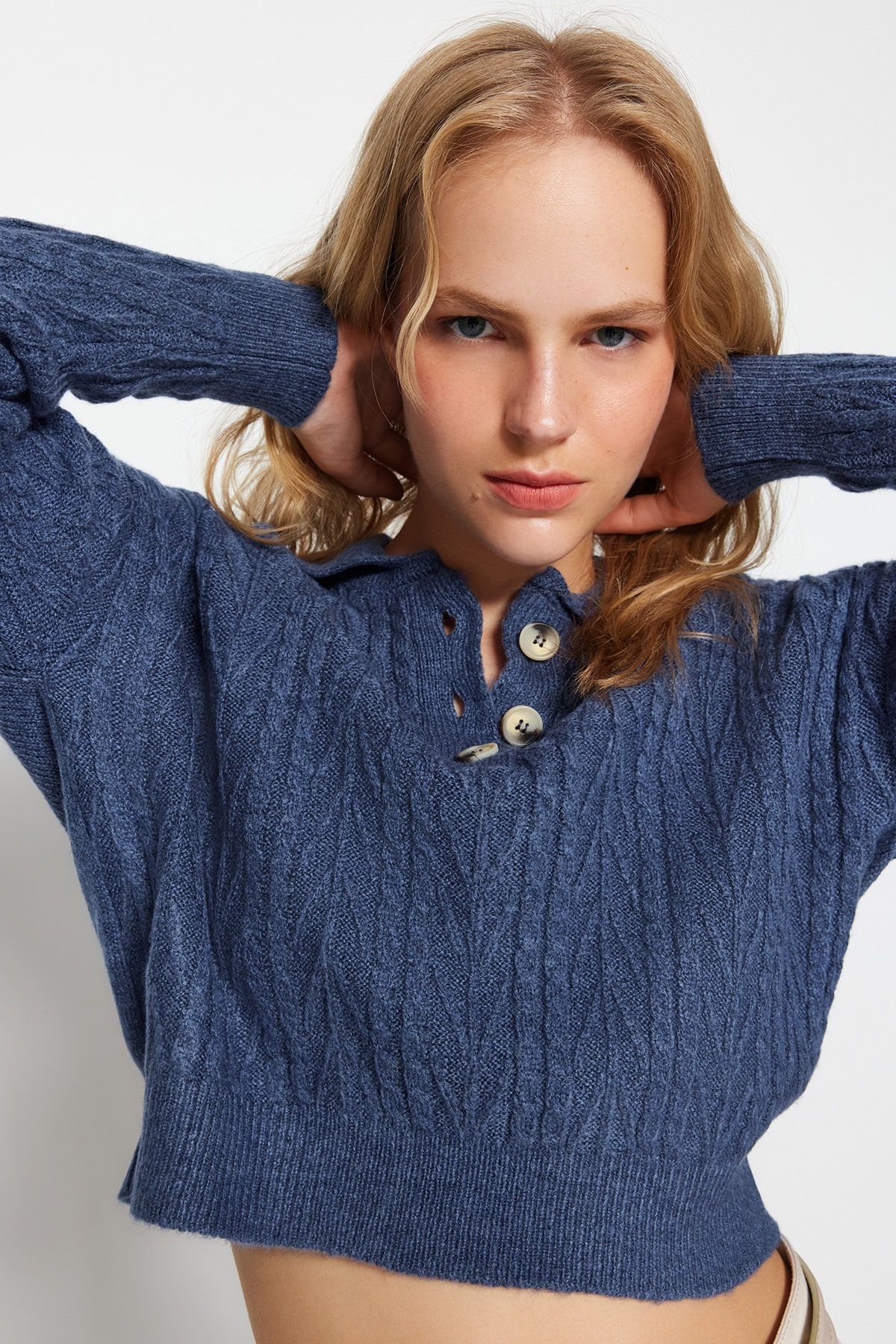 Trendyol Indigo Crop Soft Textured Braids Knitwear Sweater