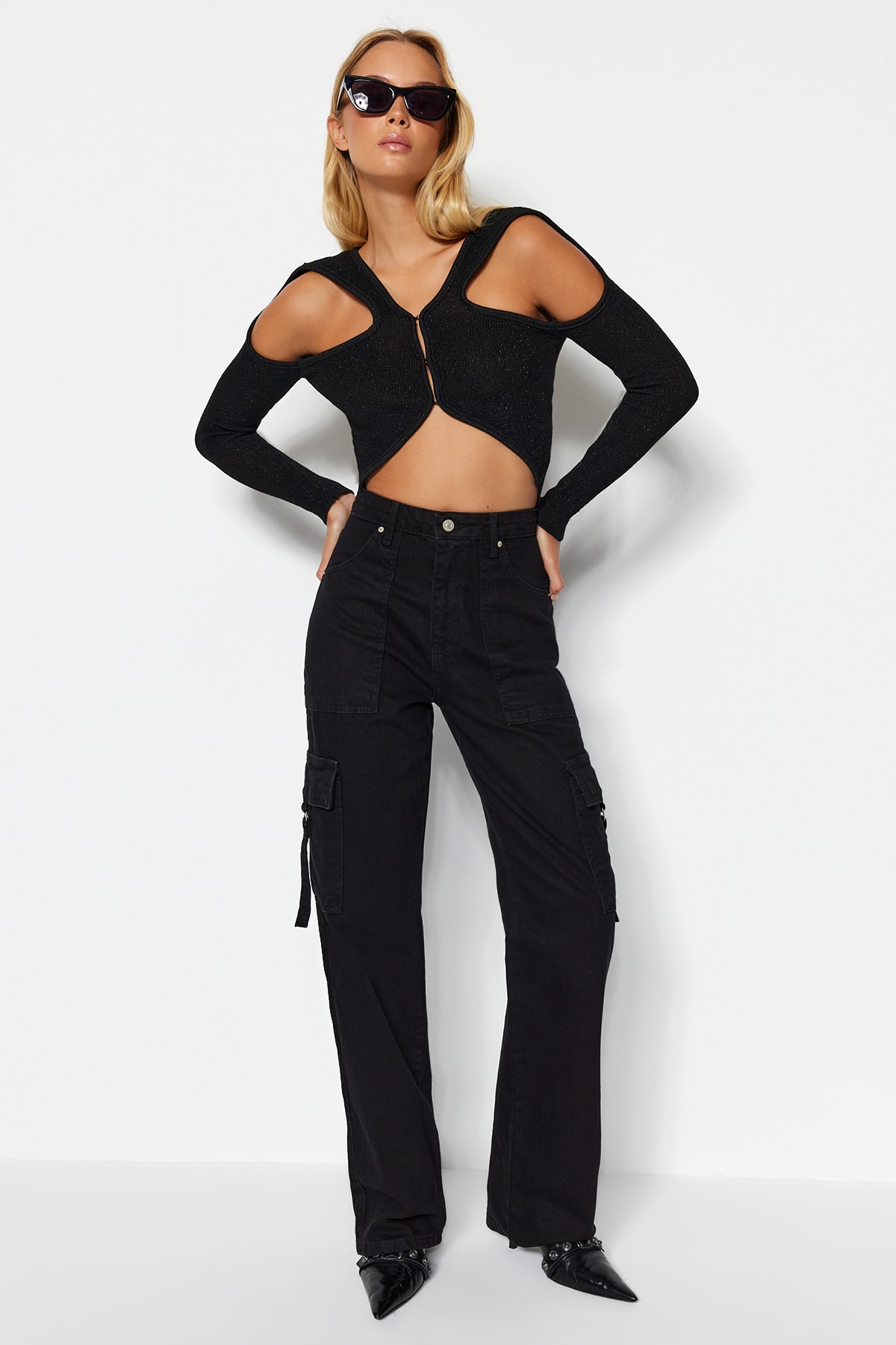 Trendyol Black Glittery Cut Out/Window Detaliat Tricotaje Pulover