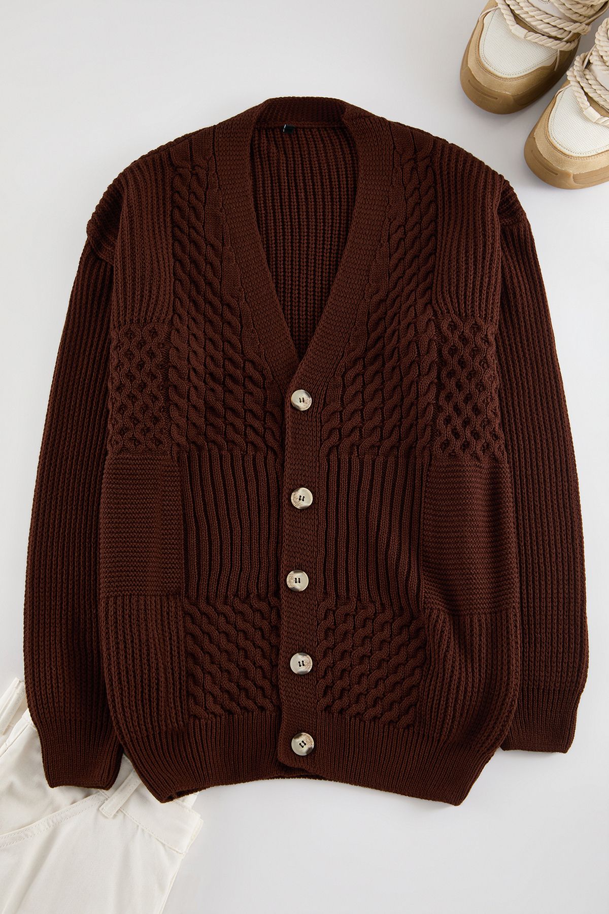 Trendyol Limited Edition Brown FL Men's Regular V Neck Hair Knit Sweater Cardigan