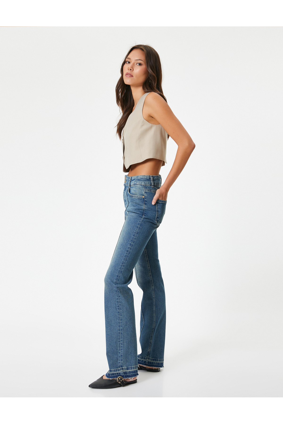 Levně Koton Ribbed Flare Jeans Slim Fit With Pocket - Victoria Slim Flare Jeans