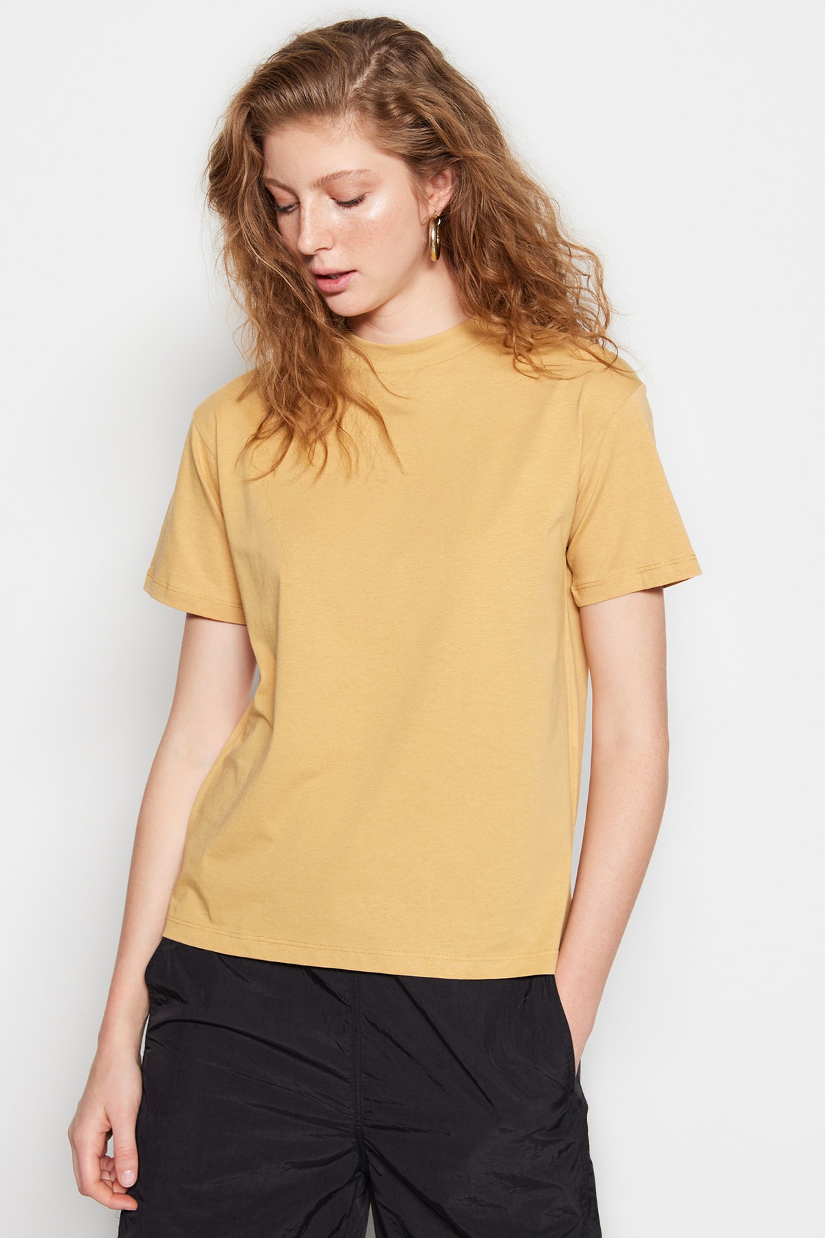 Trendyol Camel 100% Cotton Basic Stand-Up Collar Knitted T-Shirt