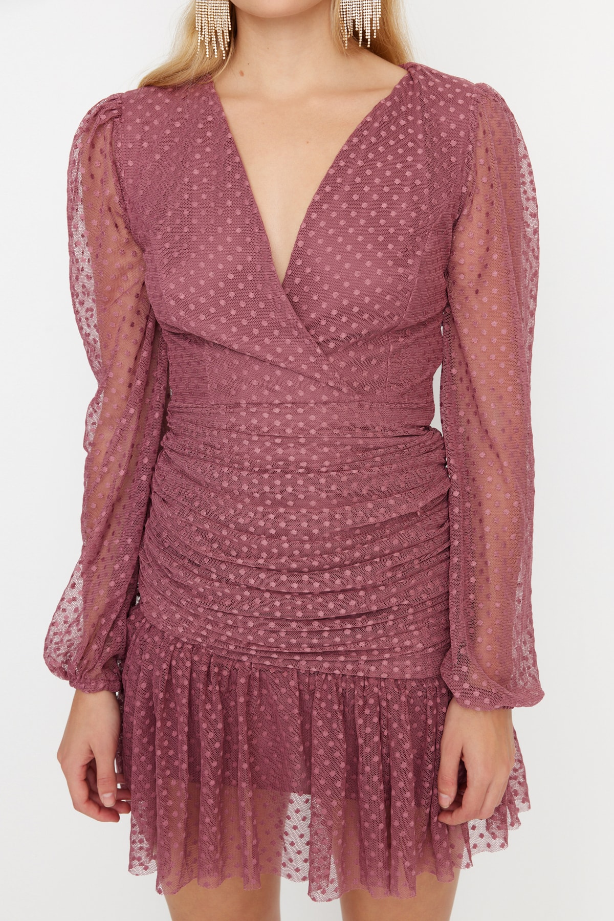 Rochie de seara Trendyol Dry Rose Flowers cu guler detaliat si tul