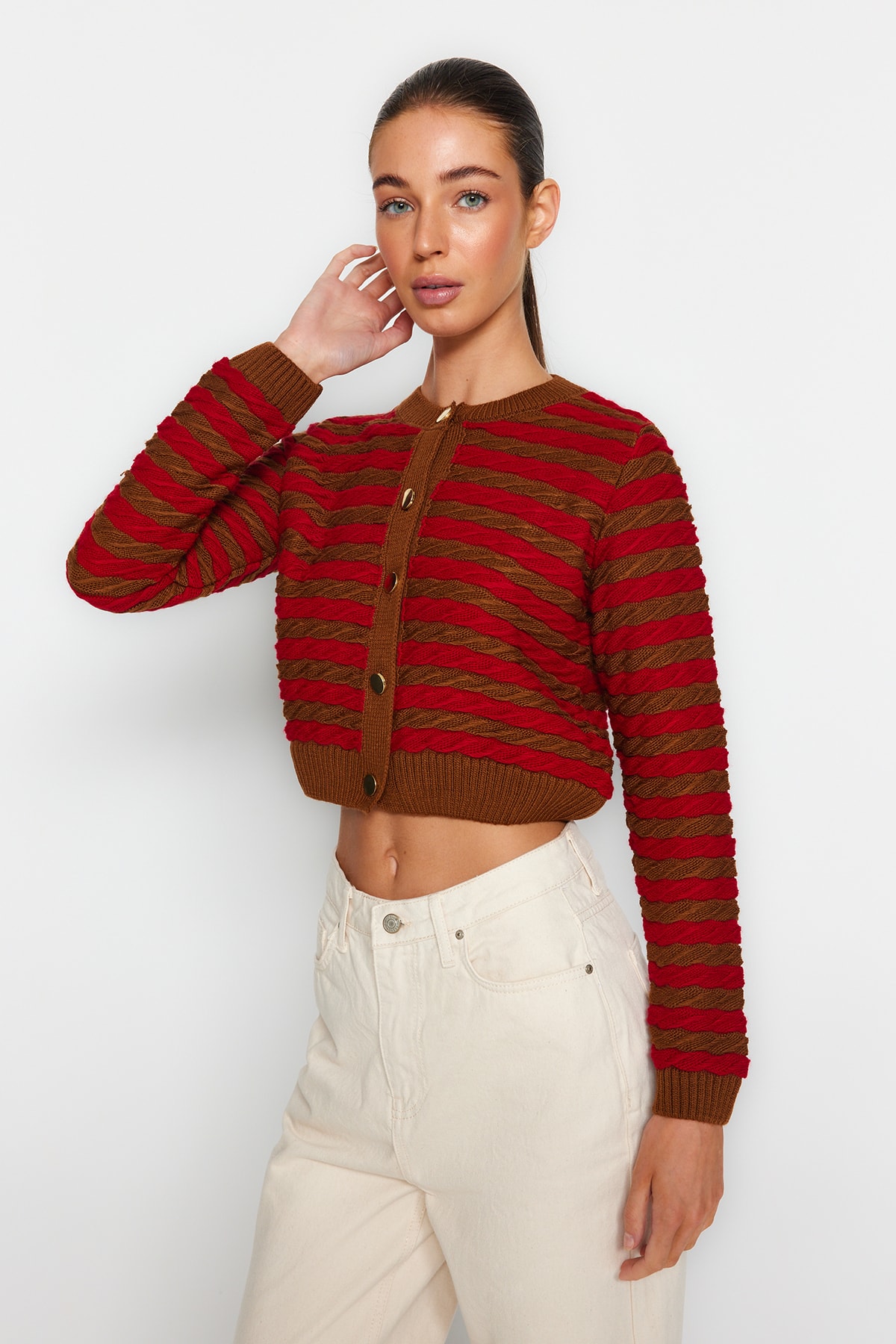 Trendyol Brown Crop Striped Knitwear Cardigan