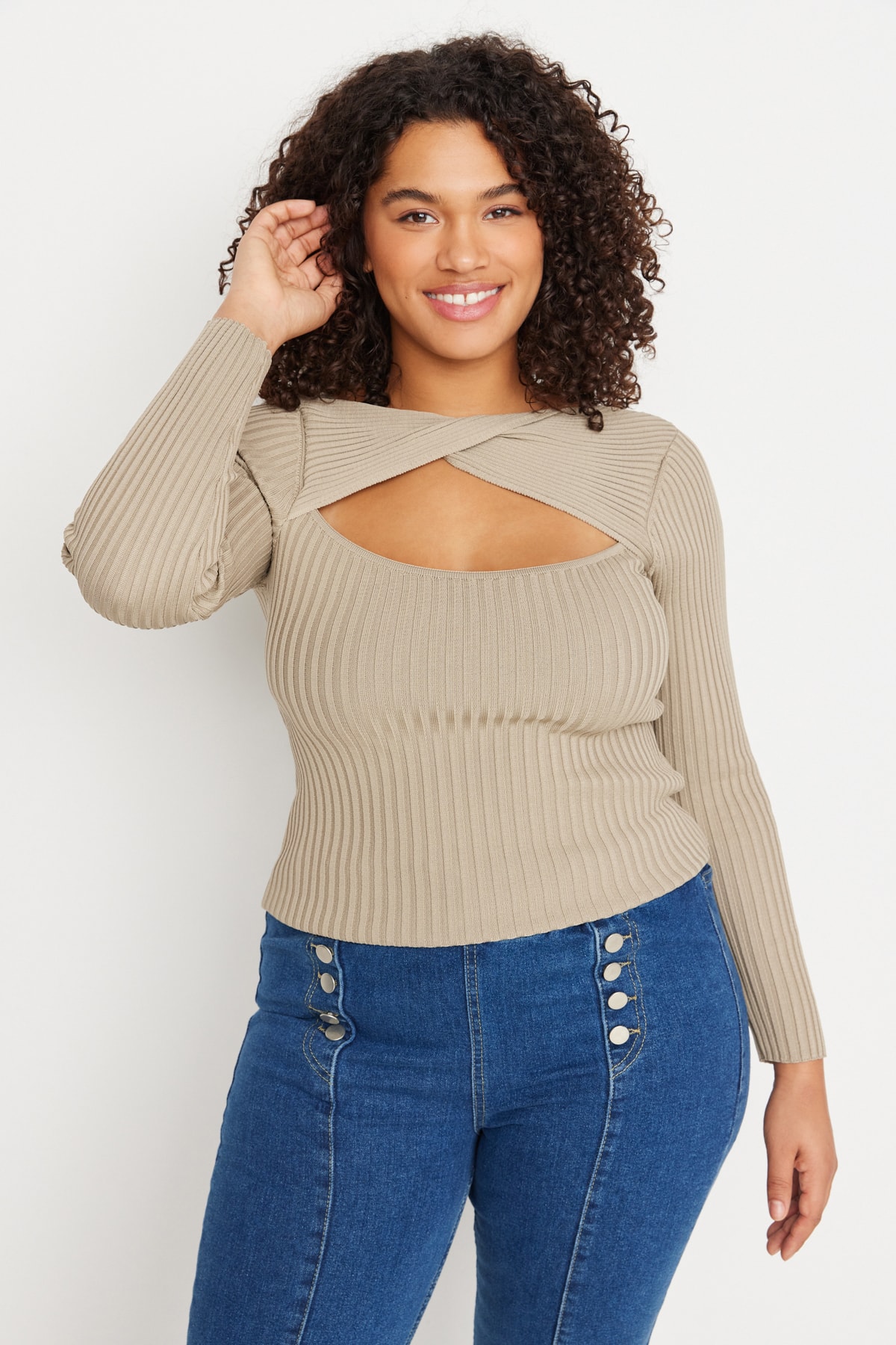 Trendyol Curve Mink Cut Out Detailed Ribbed Thin Knitwear Blouse