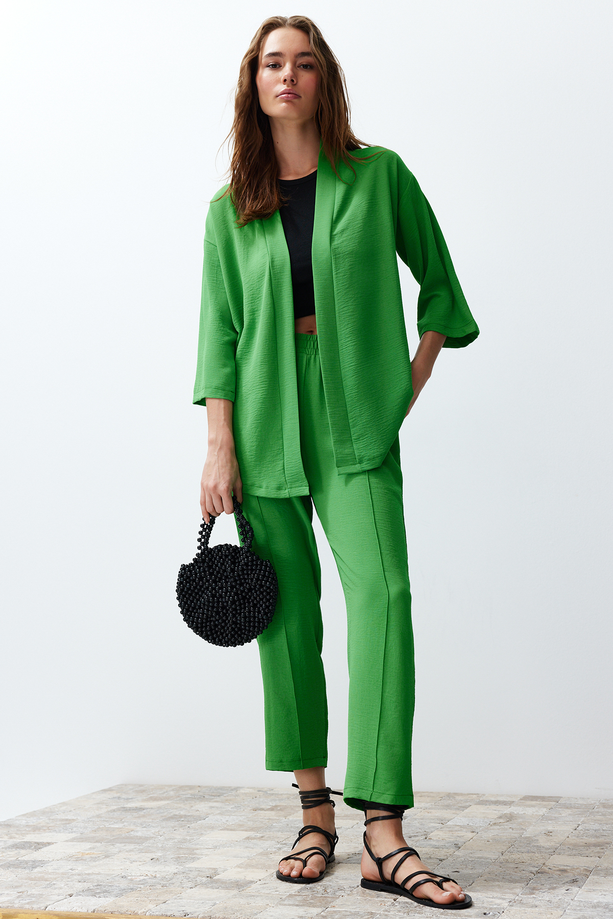 Trendyol Green Woven Kimono Trousers Top-Bottom Set