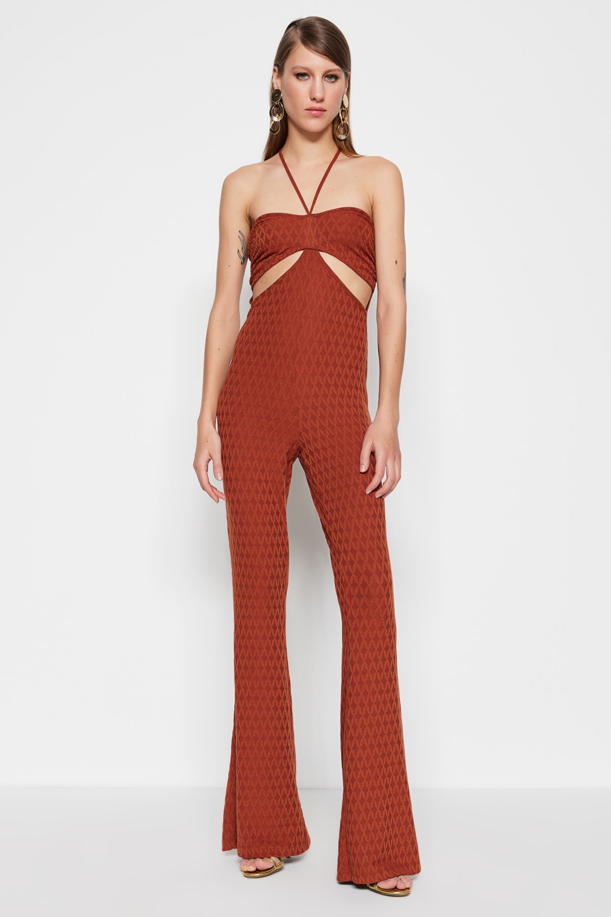Trendyol Cinnamon Knitted Window/Cut Out Detail Textured Self Patterned Jumpsuit