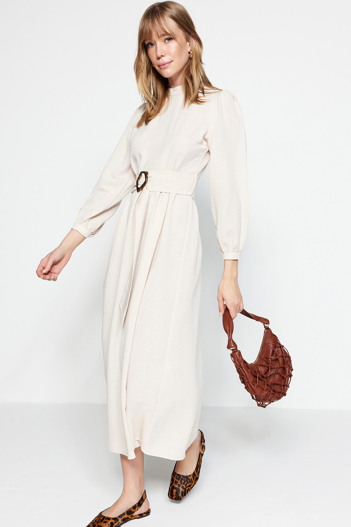 Trendyol Ecru Belted High Neck Linen Look Woven Dress