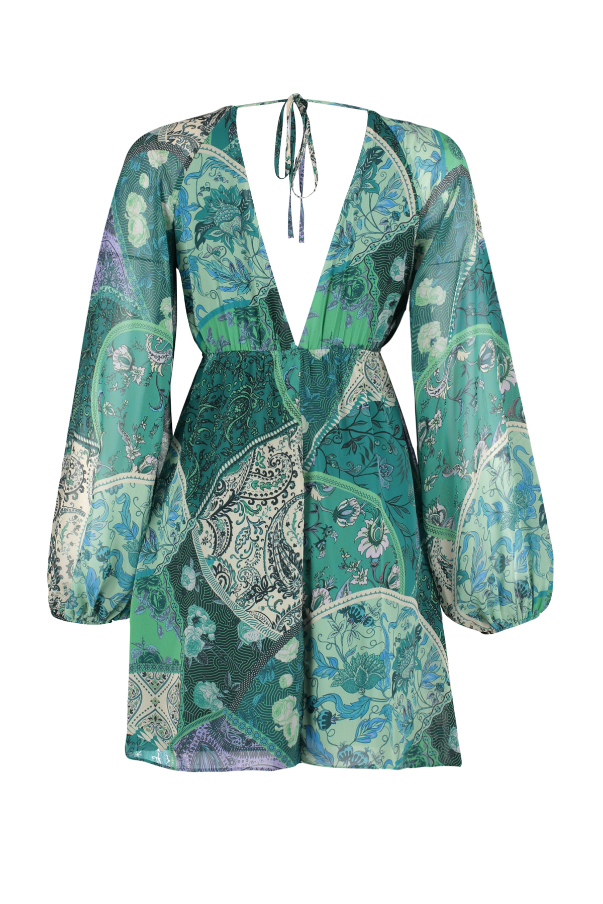 Trendyol Green Ethnic Patterned A-Line Collar Tied Mini Lined Chiffon Woven Dress