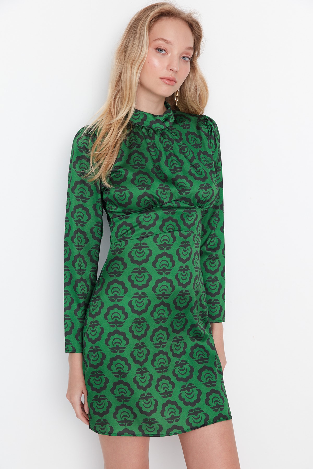 Trendyol Green Stand-Up Collar Patterned Satin Dress