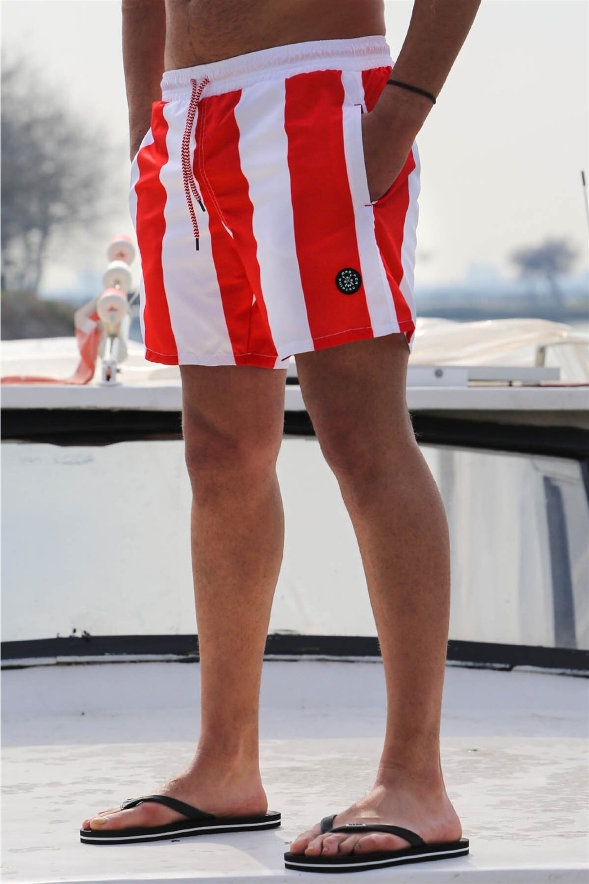 Levně Madmext Men's Red Striped Beach Shorts 6360