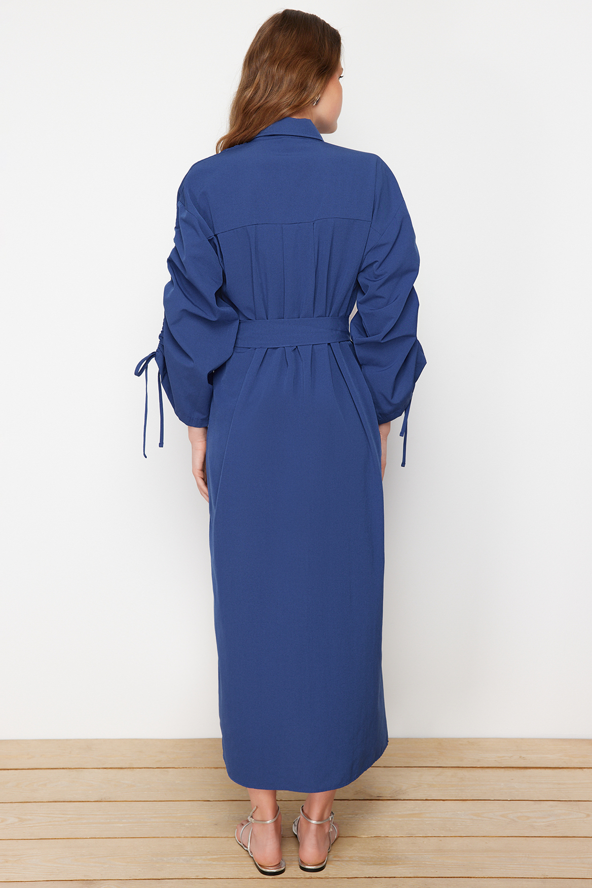 Trendyol Saks Belted Cotton Woven Shirt Dress with Adjustable Sleeves Detail