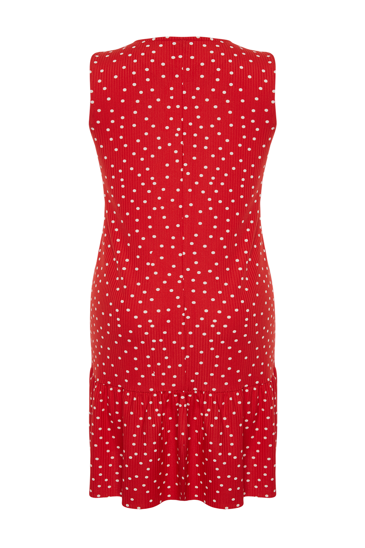 Trendyol Curve Red Polka Dot Printed Zero Sleeve Flounce Shift Mini Stretch Knit Plus Size Dress