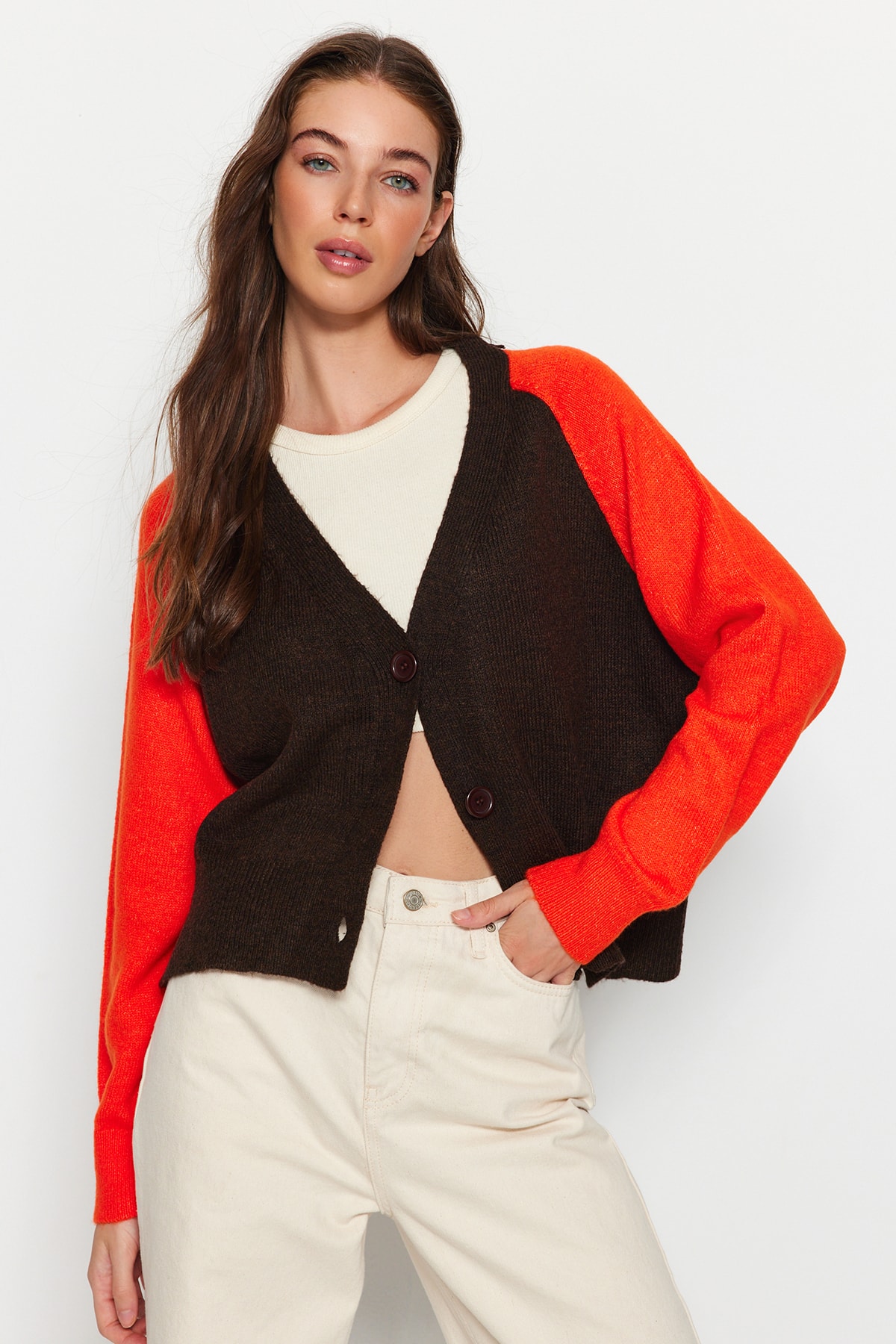 Trendyol Orange Soft Textured Color Block Knitwear Cardigan