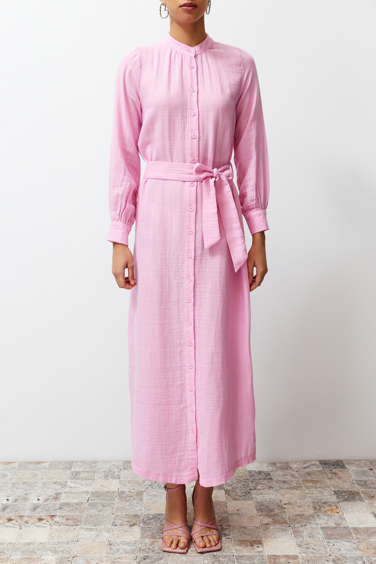 Trendyol Pink Judge Collar Belted Buttoned Woven Shirt Dress