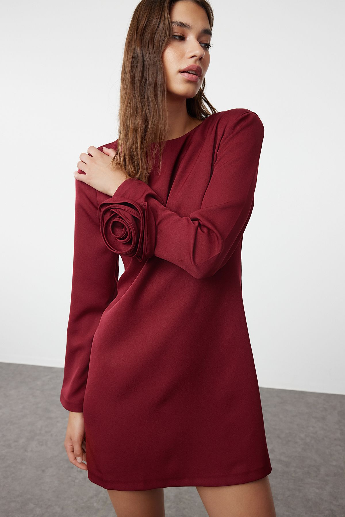 Trendyol Claret Red Shift Cut Rose Detailed Woven Dress