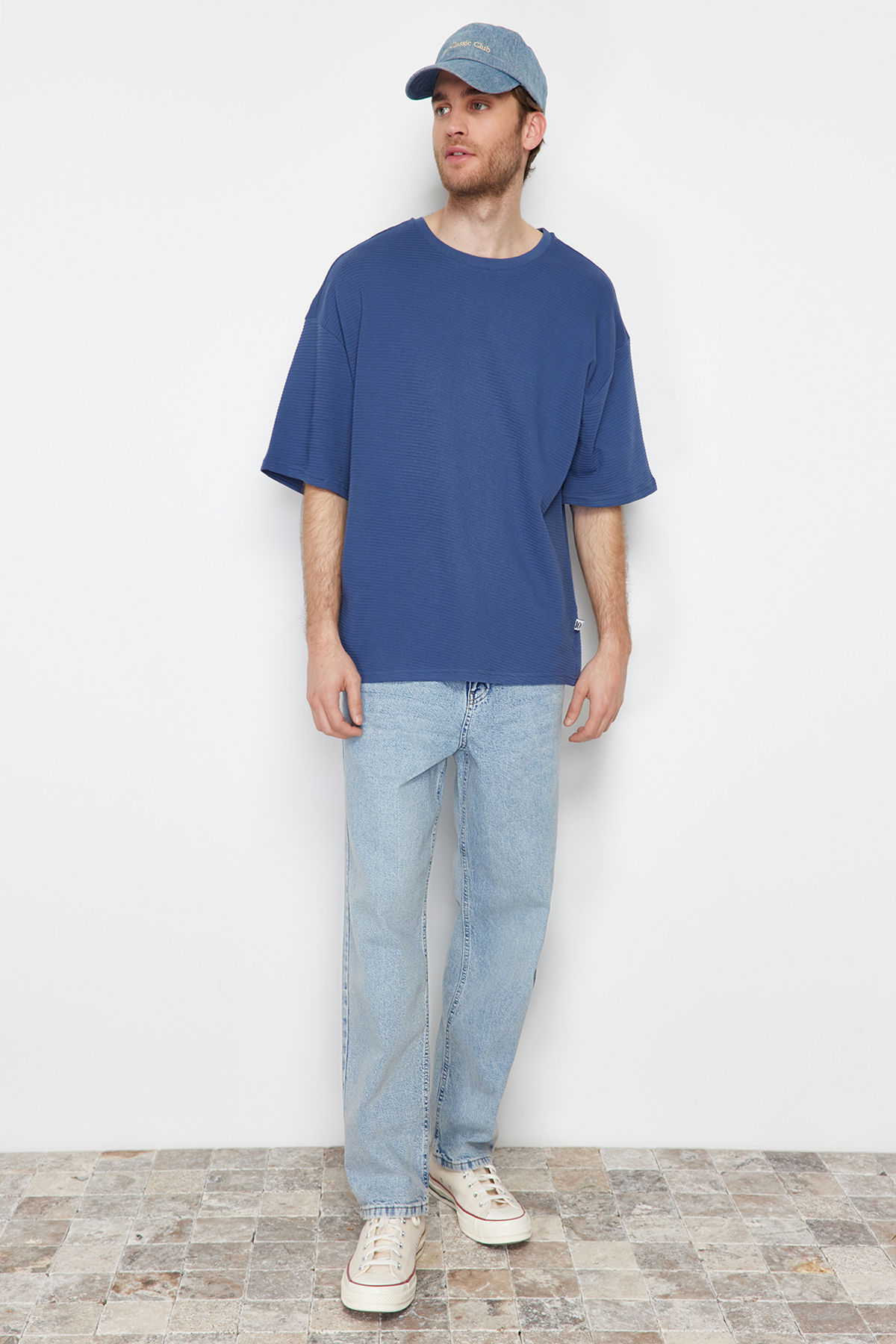 Trendyol Indigo Men's Oversize Textured 100% Cotton T-Shirt