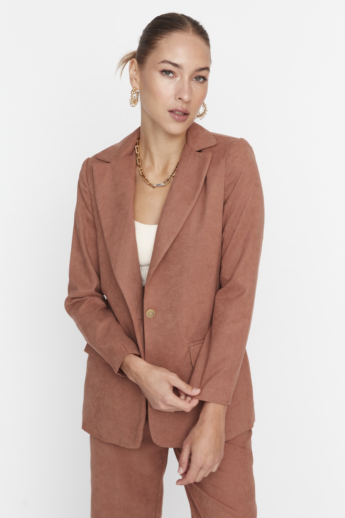 Trendyol Camel Woven Suede Blazer Jacket