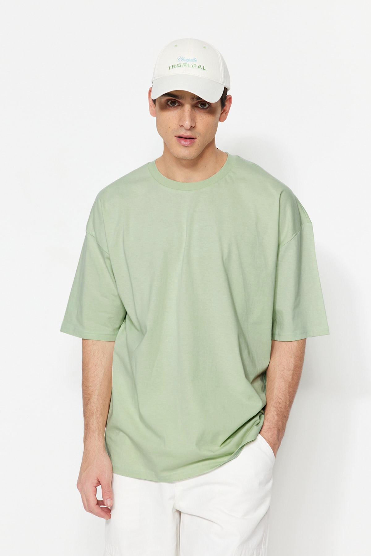 Levně Trendyol Mint Oversize/Wide Cut Basic tričko ze 100% bavlny