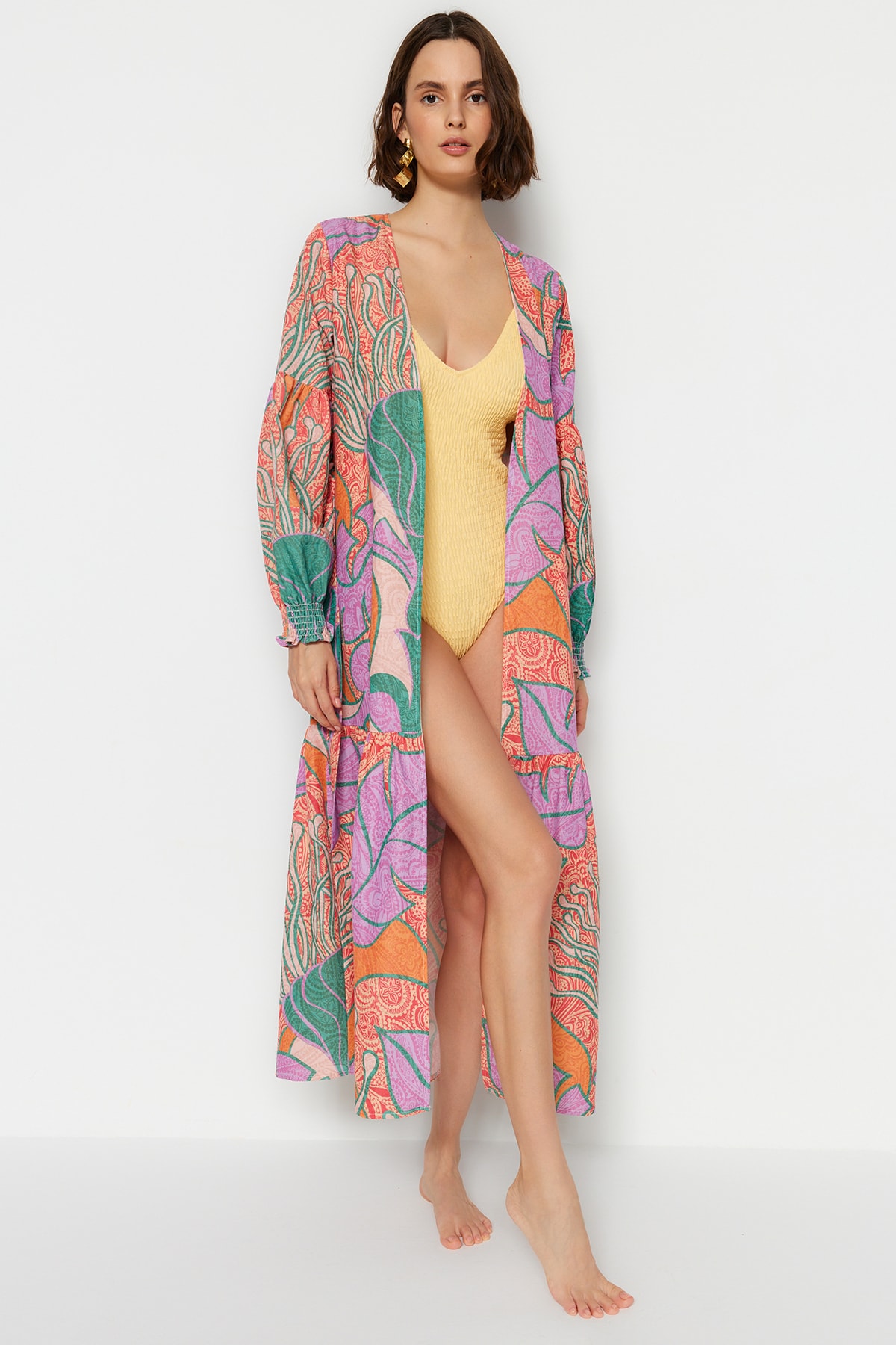 Levně Trendyol Tropical Pattern Belted Maxi Woven Balloon Sleeve 100% Cotton Linen Look Kimono & Kaftan