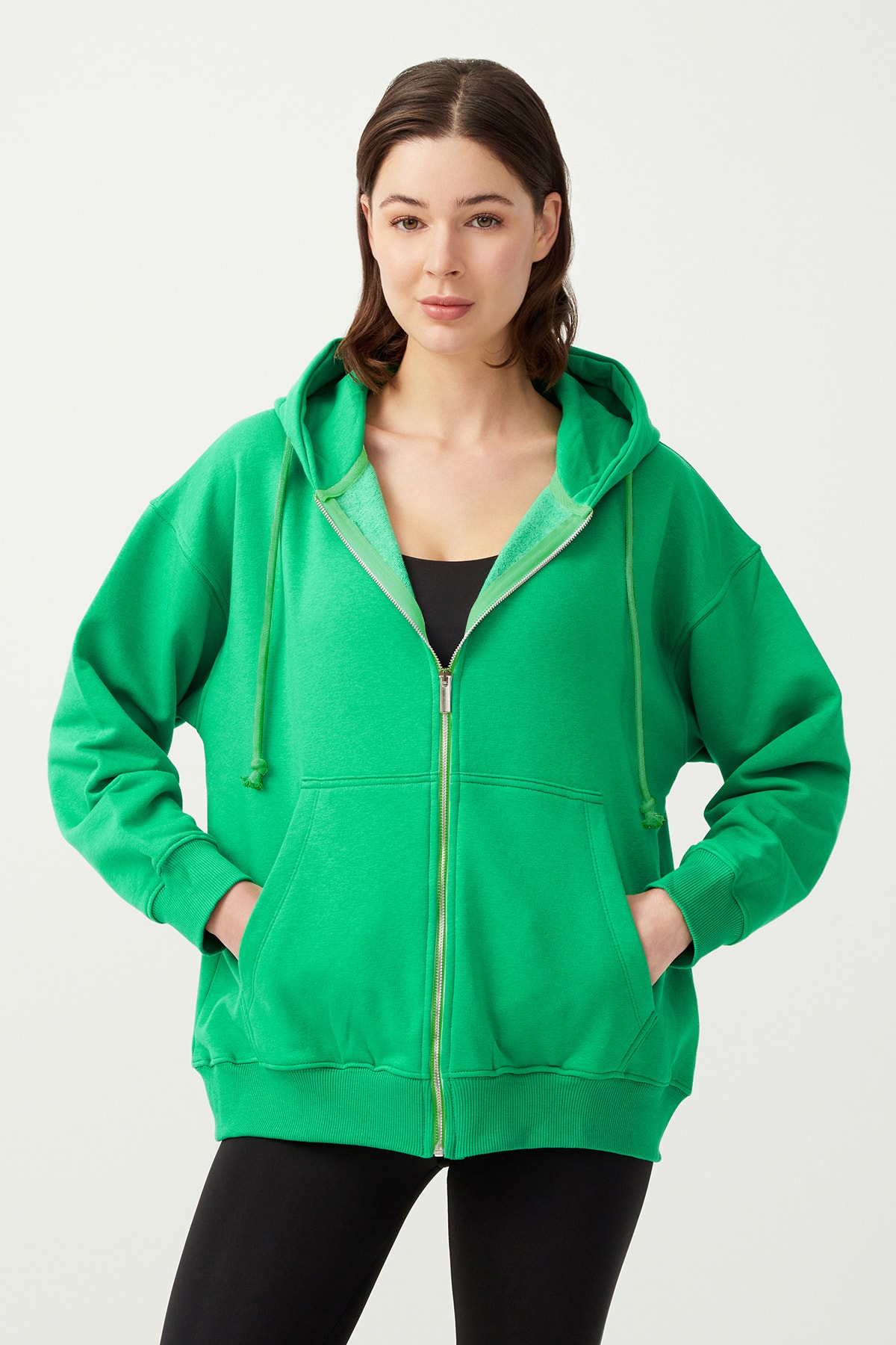 Levně LOS OJOS Women's Green Hooded Oversize Rayon Zipper Knitted Sweatshirt.