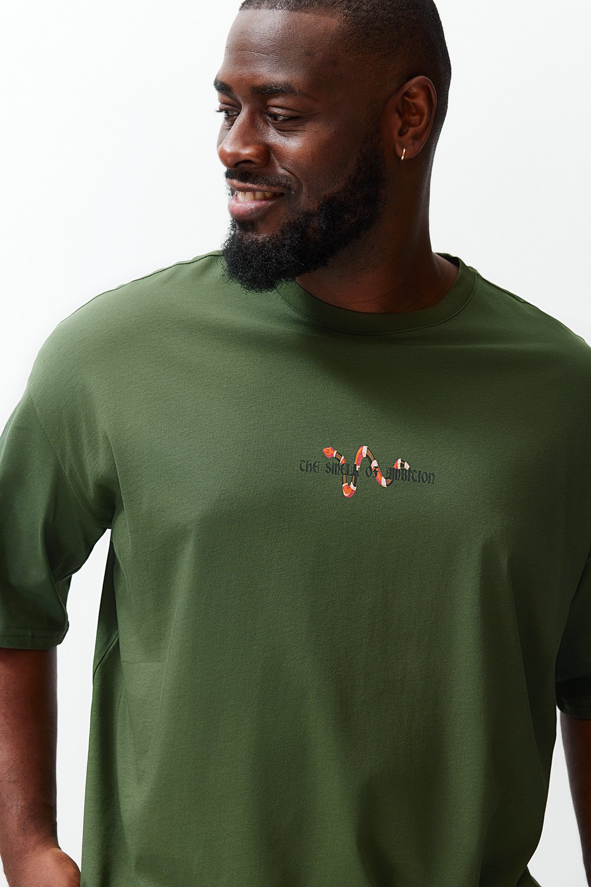 Levně Trendyol Plus Size Green Oversize/Wide-Fit Comfort Printed 100% Cotton T-Shirt
