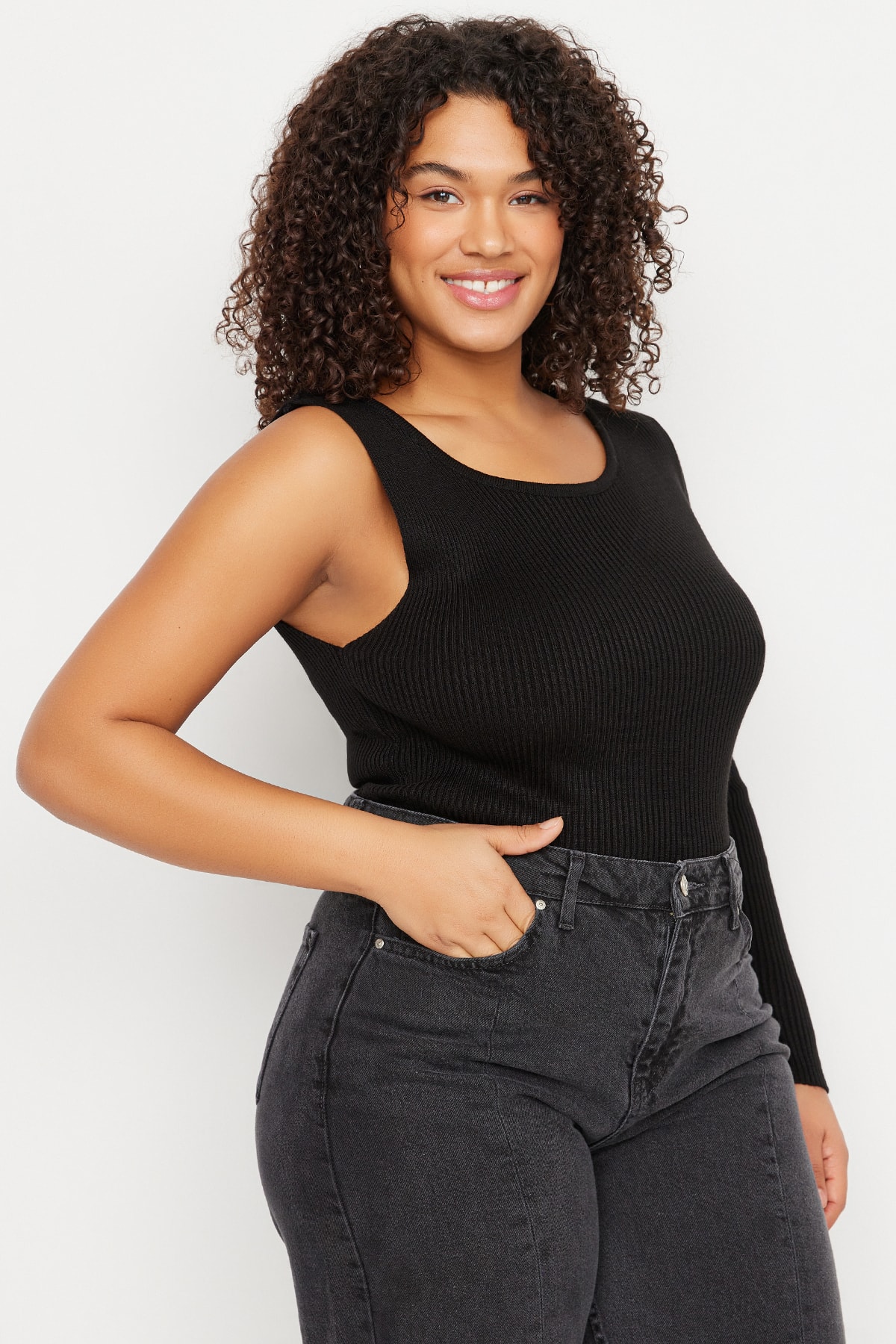 Trendyol Curve Black Detachable Collar Thin Knitwear Sweater