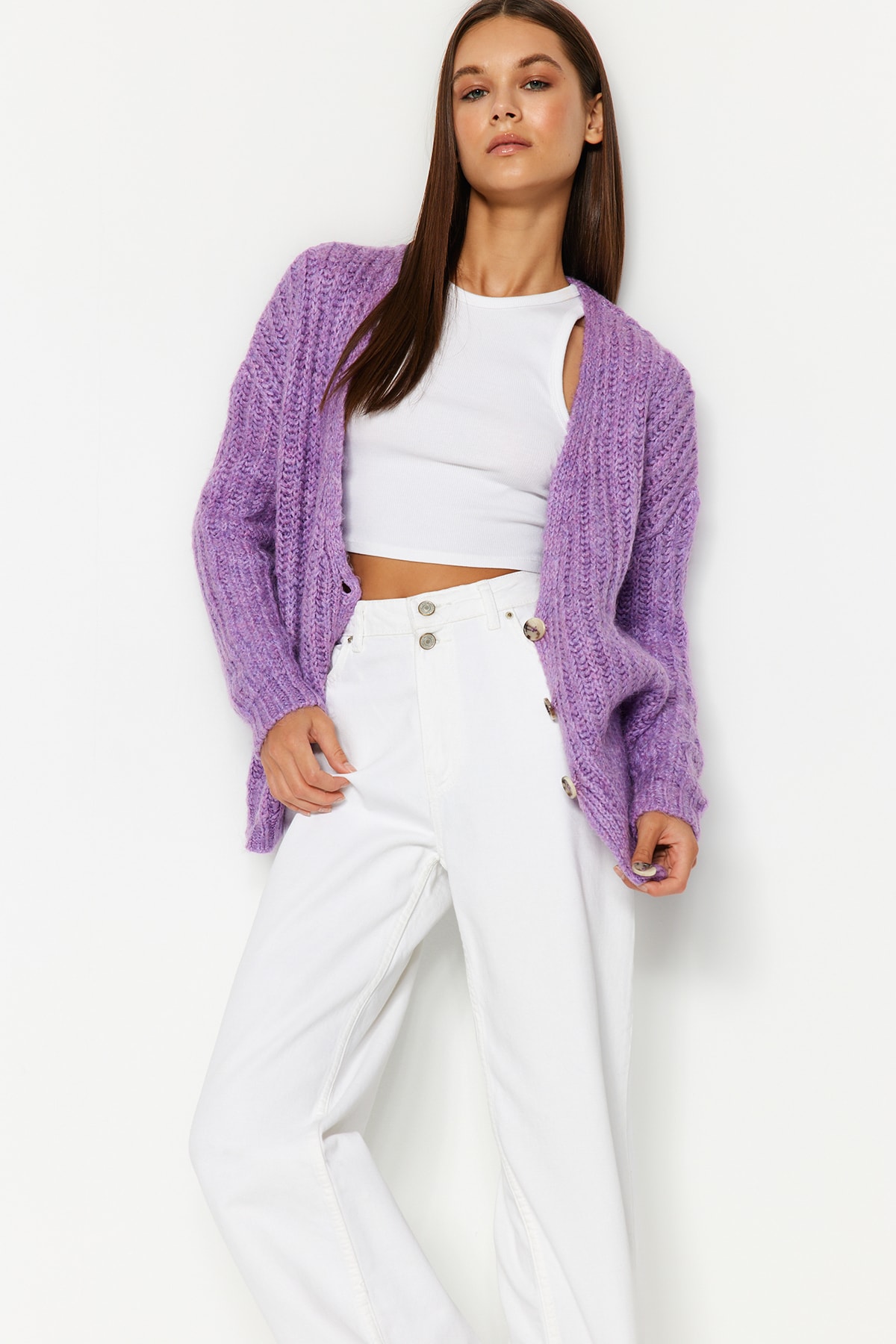 Trendyol Lilac Soft Textured Basic Knitwear Cardigan