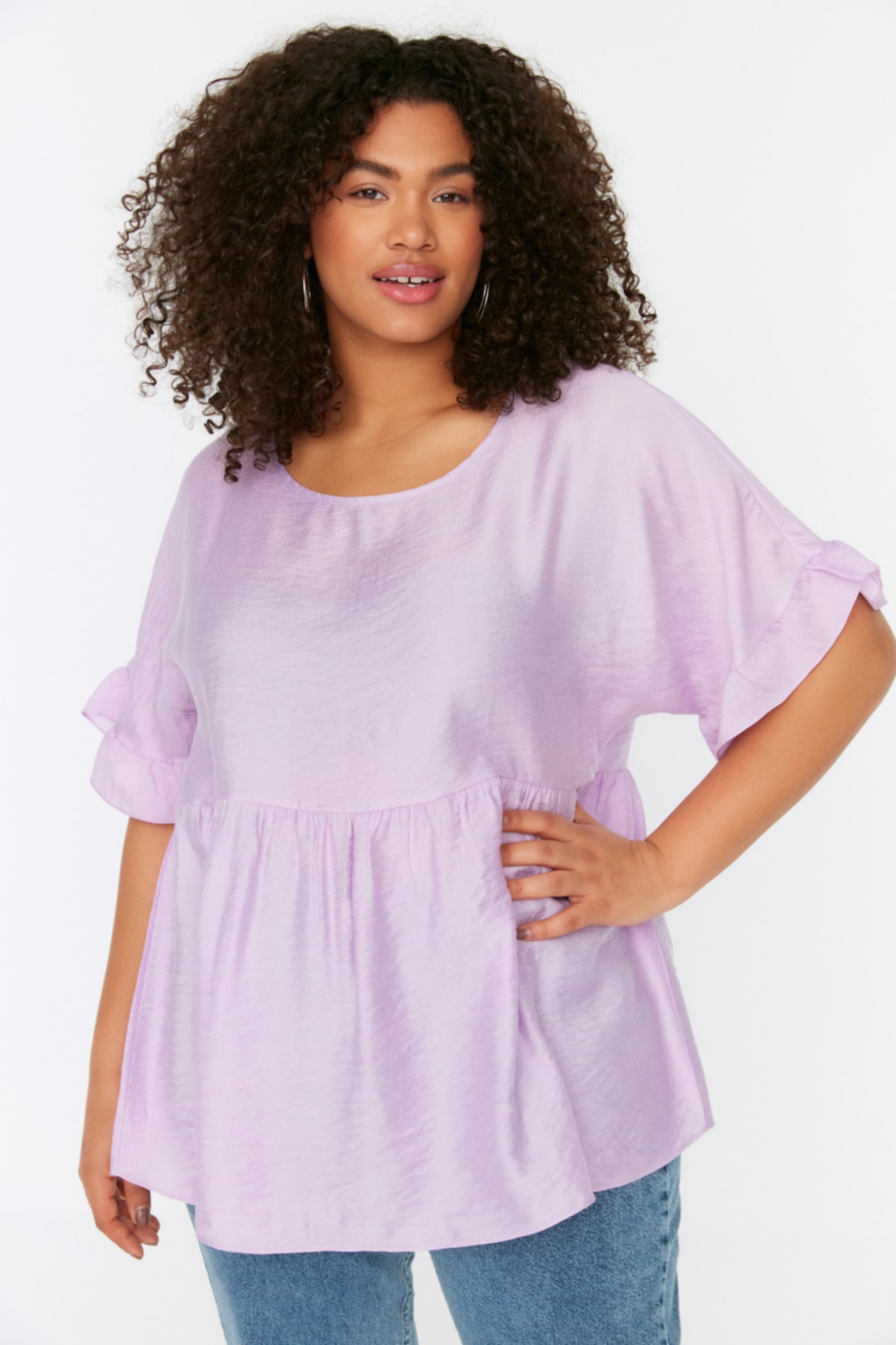 Levně Trendyol Curve Lilac Knitted Ruffle Blouse