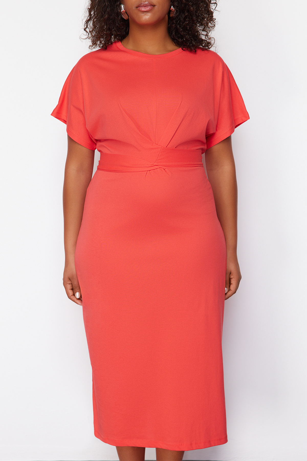 Trendyol Curve Red Straight Cut Tie Detailed Slit Maxi/Long 100% Cotton Knitted Dress