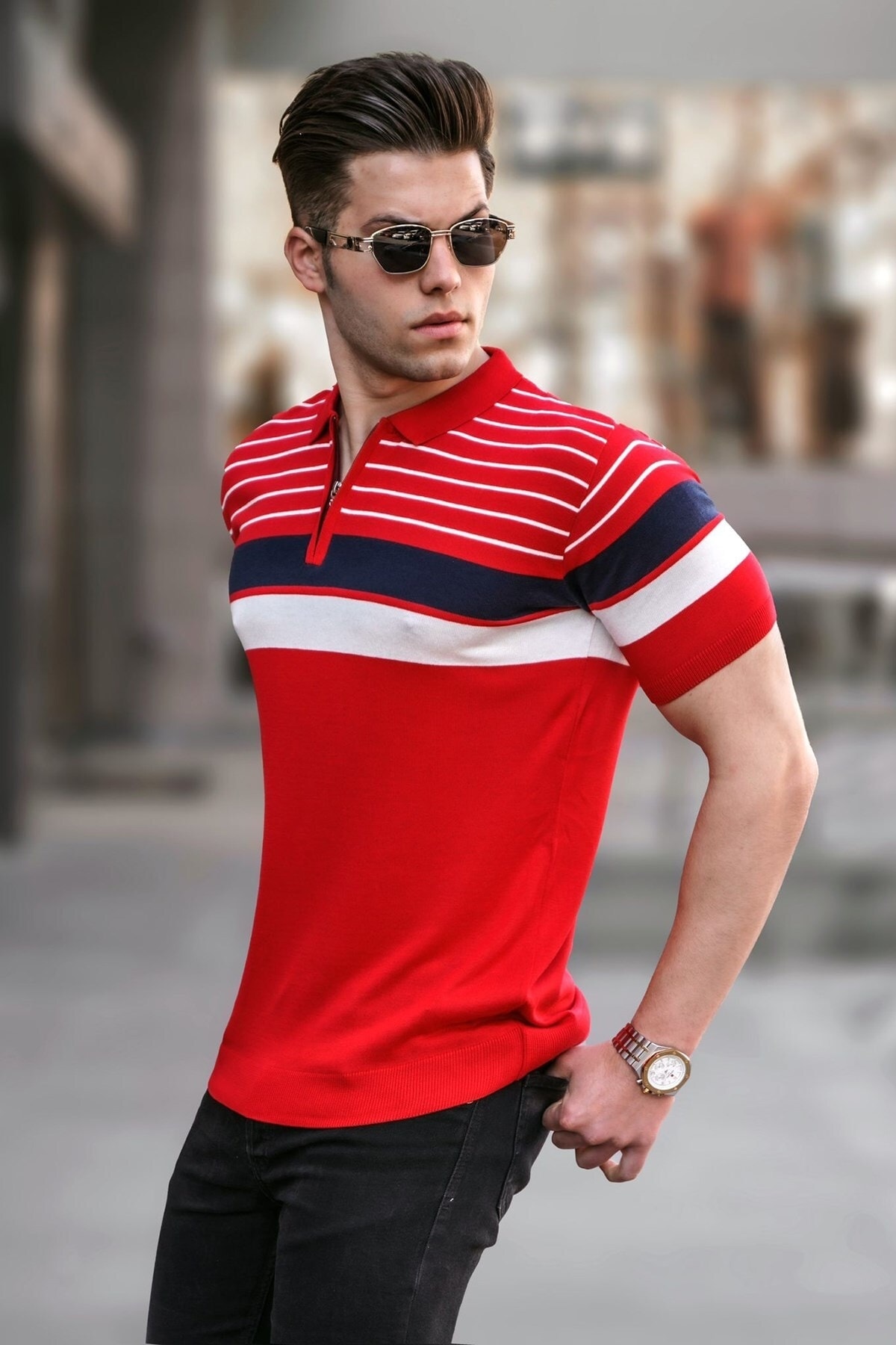 Levně Madmext Men's Red Polo Neck Zippered T-Shirt 5732