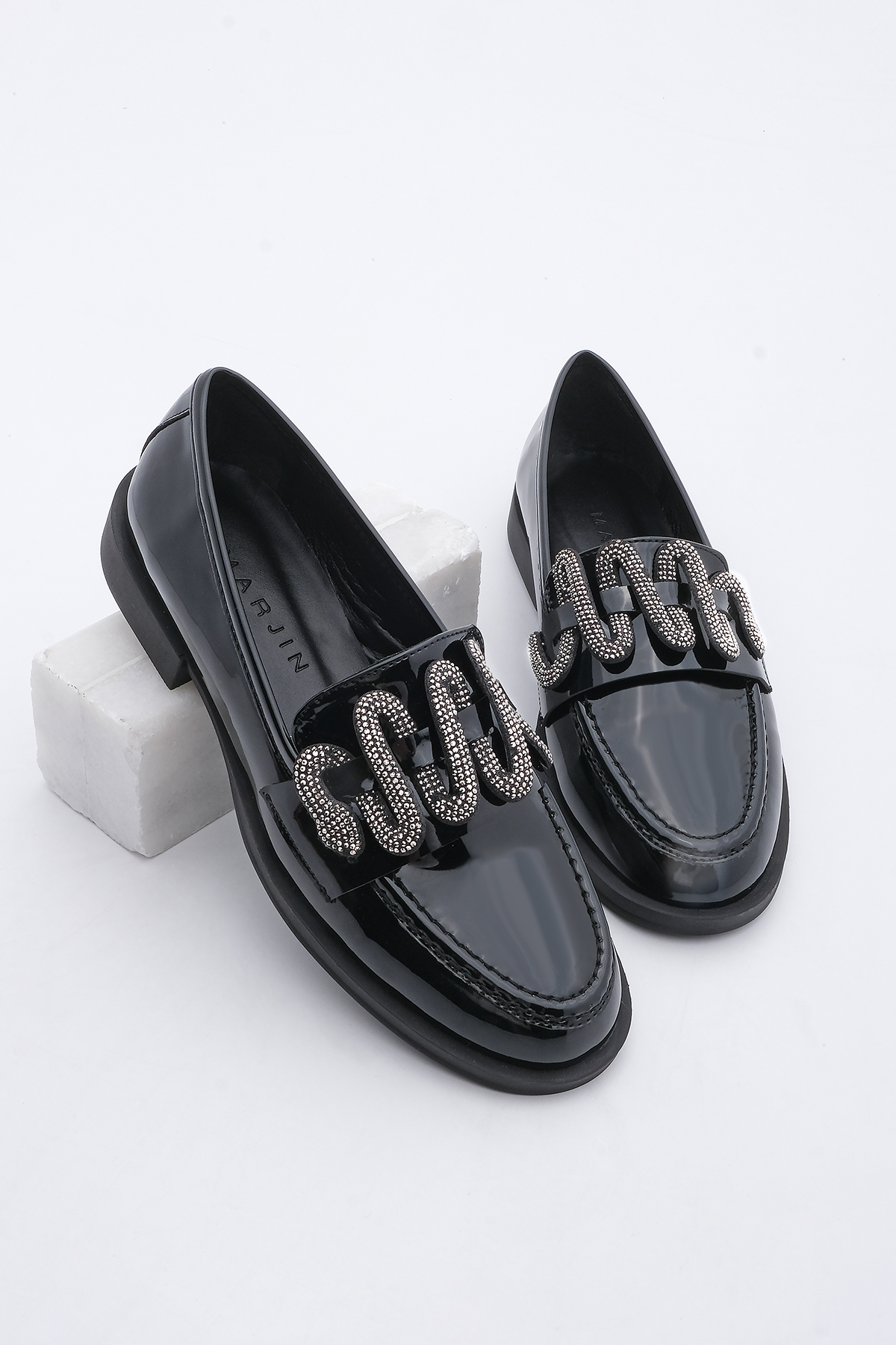 Marjin Women's Loafer Stoned Casual Shoes Alseka Black Patent Leather