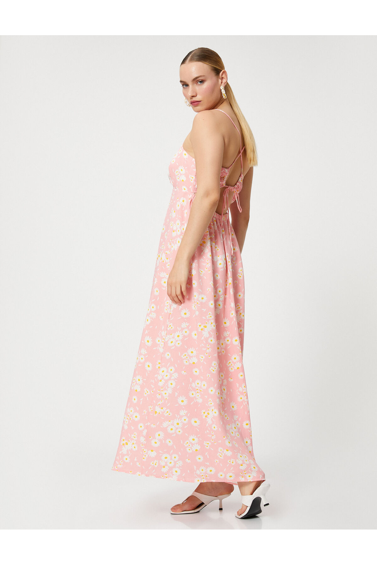 Levně Koton Daisy Strappy Linen Blended Long Dress With Bow Detail