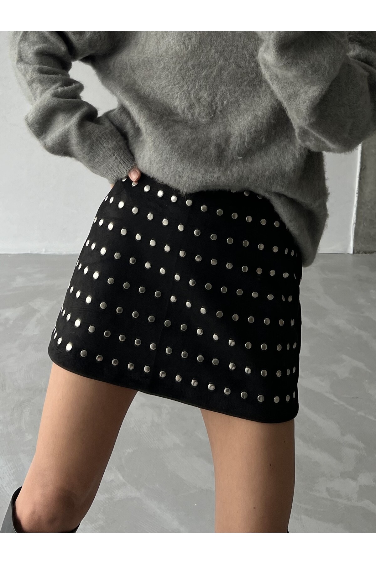 Laluvia Black Stone Detailed Suede Mini Skirt