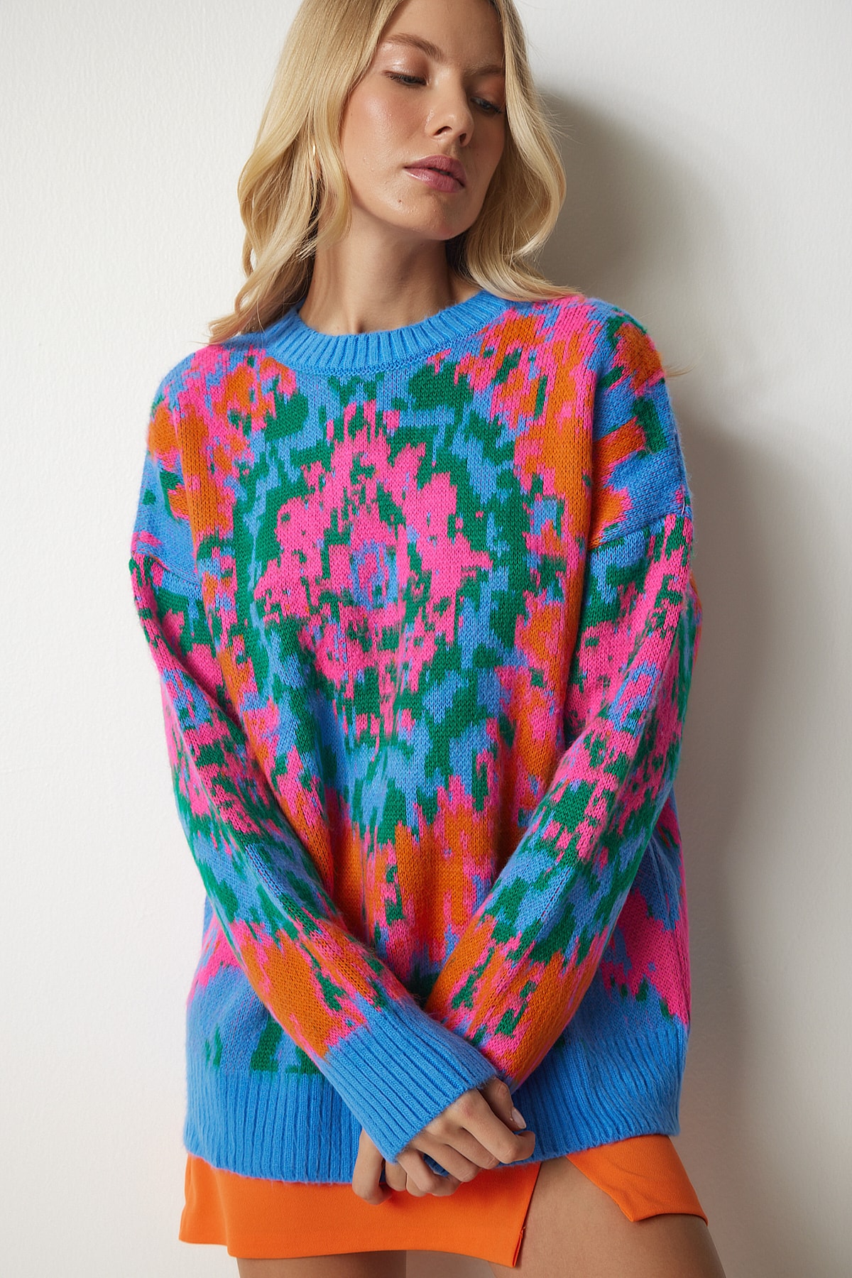 Happiness İstanbul Women's Sky Blue Orange Patterned Knitwear Sweater