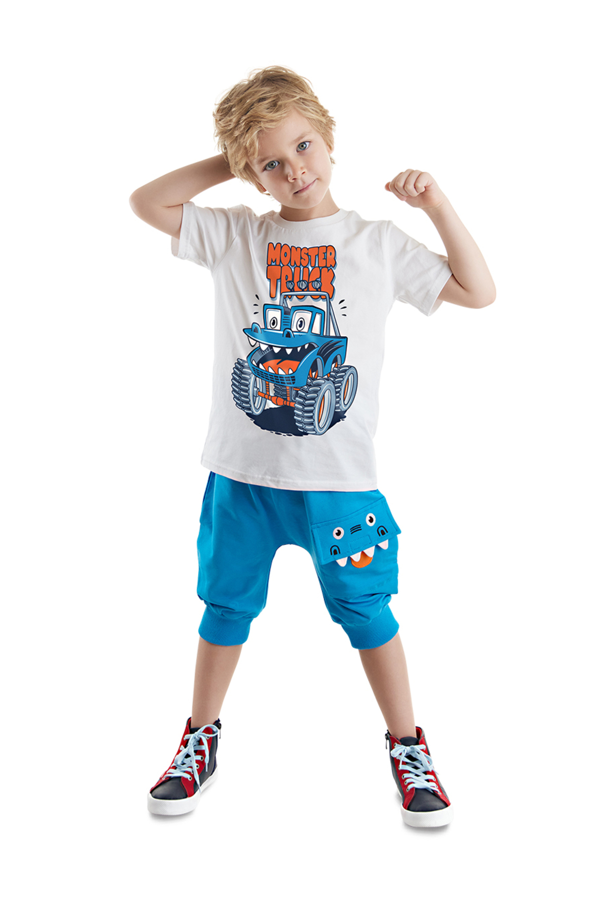 Levně Denokids Monster Truck Boys T-shirt Capri Shorts Set