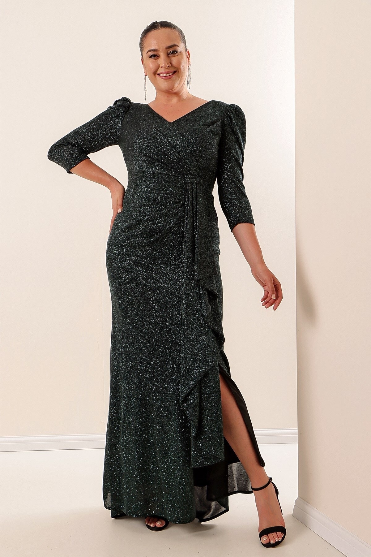 By Saygı Emerald Front Flounce Lined Silvery Plus Size Dress