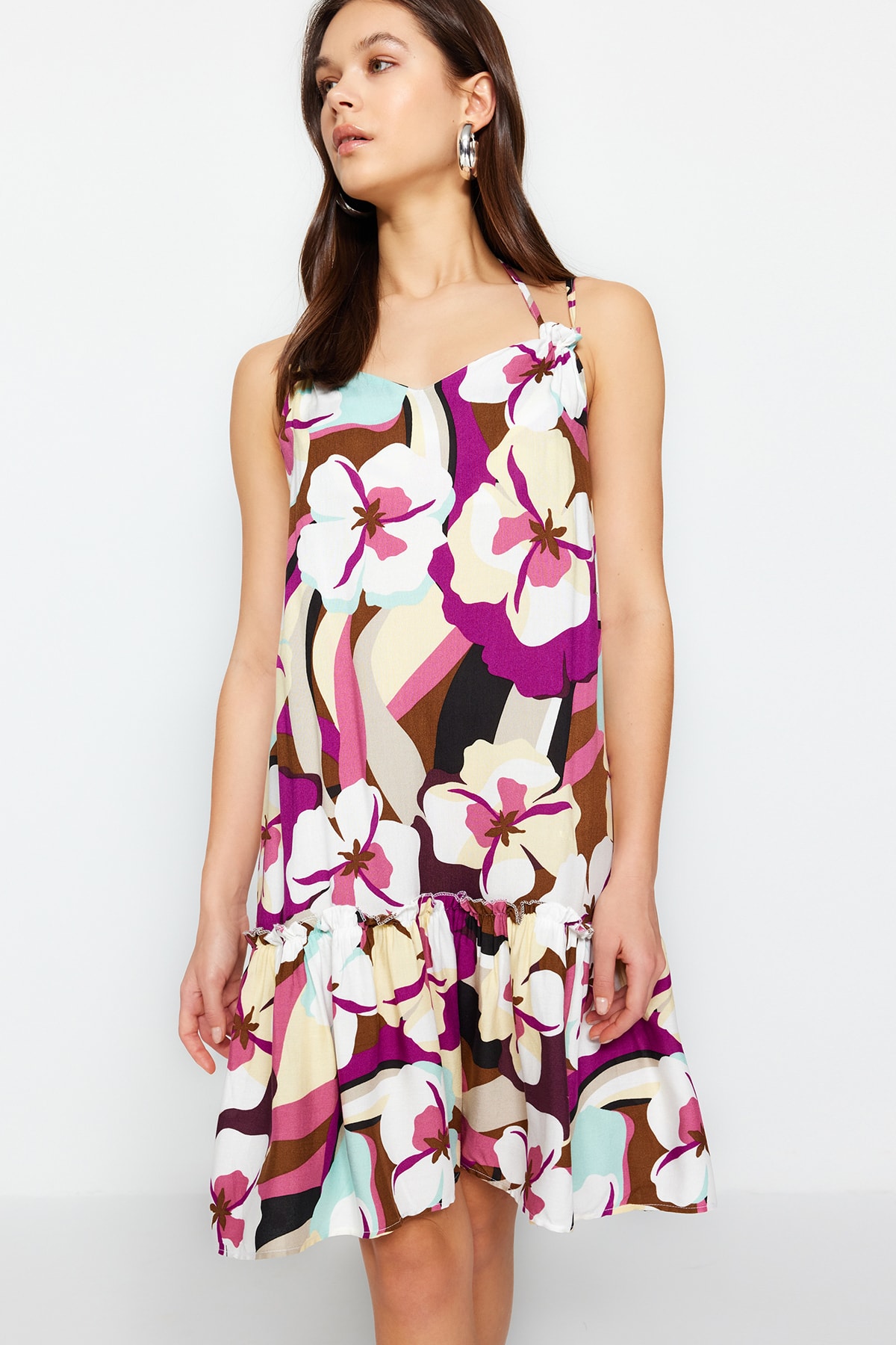 Trendyol roz larg tăiat mini țesut model țesut rochie țesută