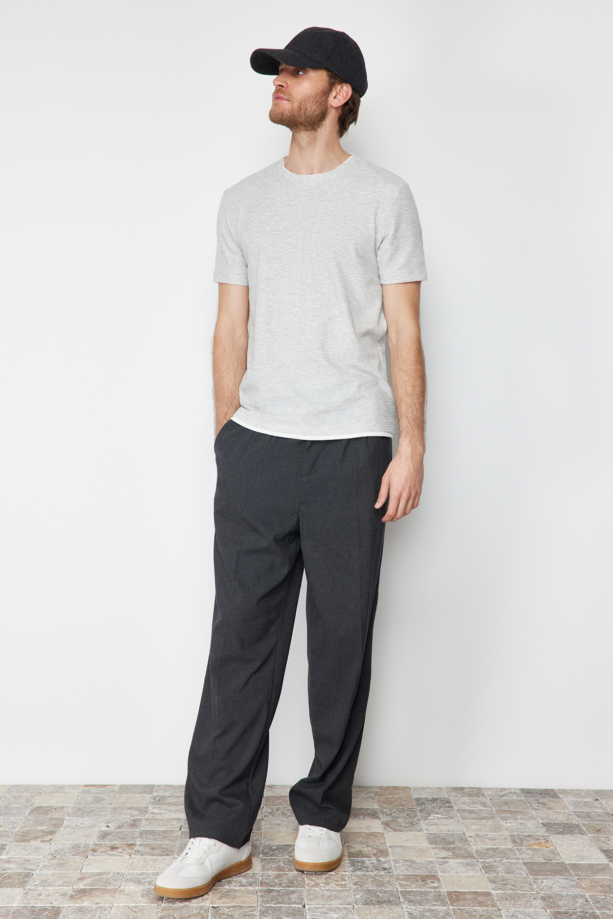 Trendyol Men's Gray Melange Regular/Normal Fit Textured Basic T-Shirt