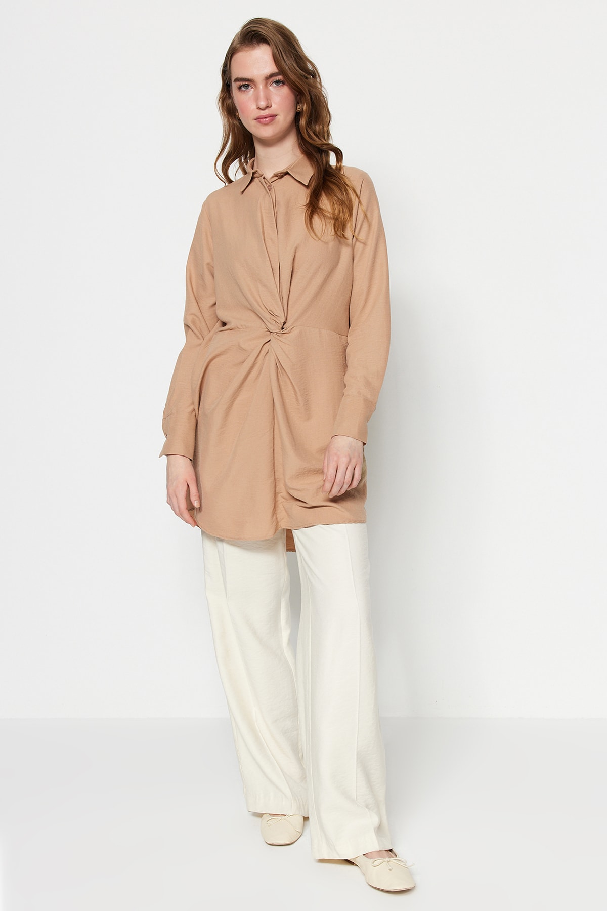 Trendyol Beige Weave Aerobin Shirt with Shirring Detail in the Front