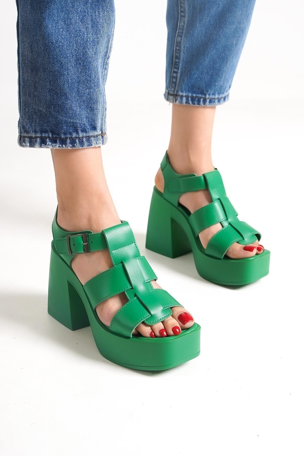 Capone Outfitters Capone Women's Chunky Toe Gladiator Strap Platform Heels Womens Pine Green Sandals