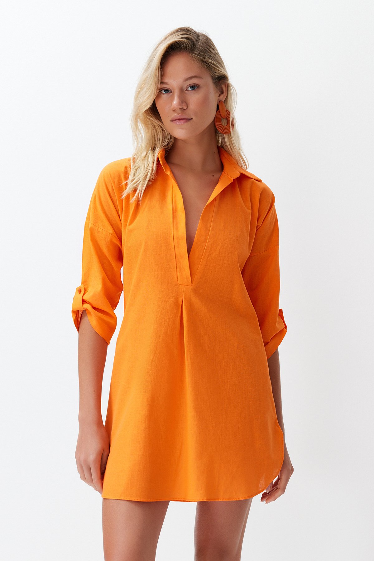 Levně Trendyol Orange Mini Woven 100% Cotton Beach Dress