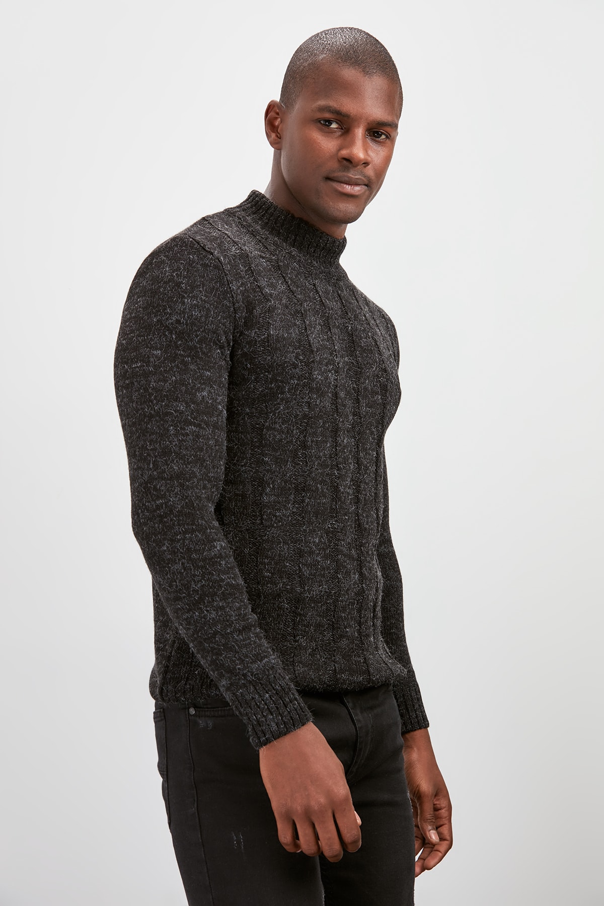 Trendyol Black Men's Braided Turtleneck Knitwear Sweater