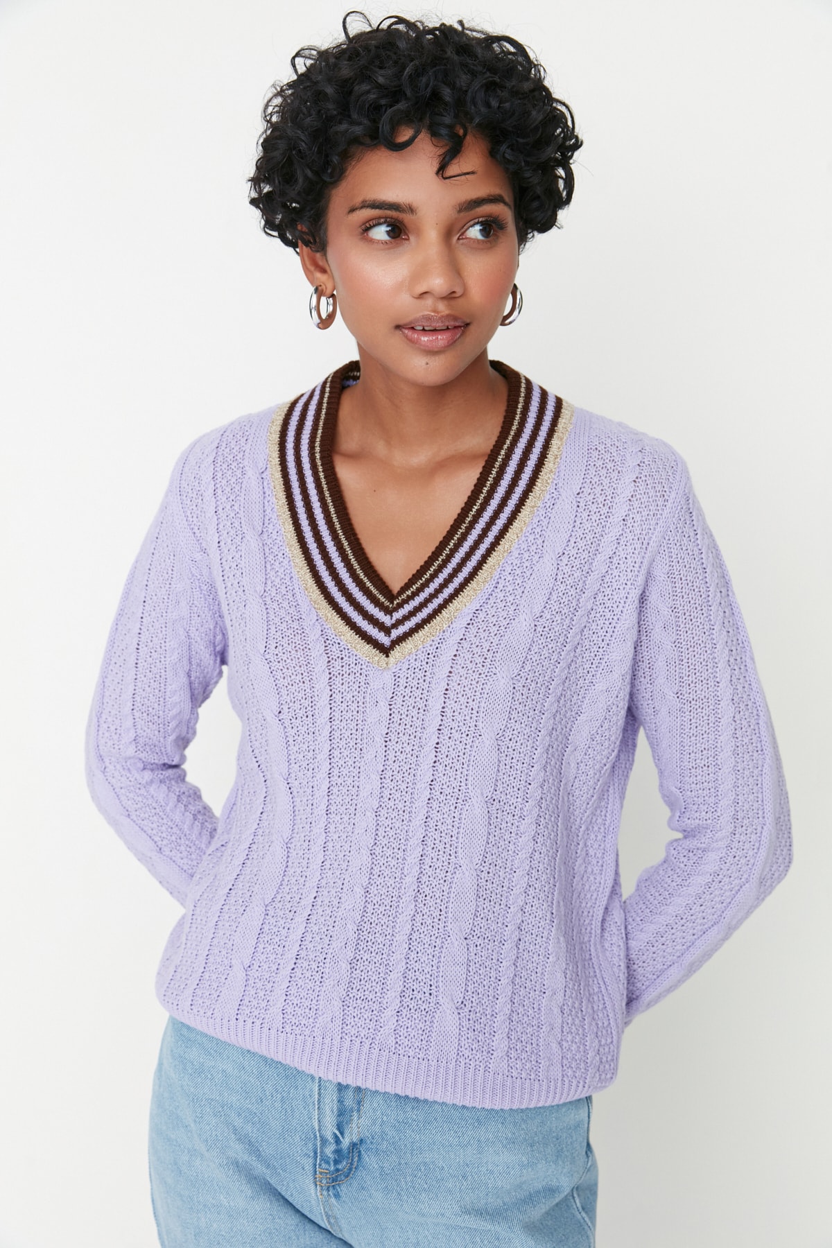 Trendyol Lilac Knit Detail V-Neck Knitwear Sweater