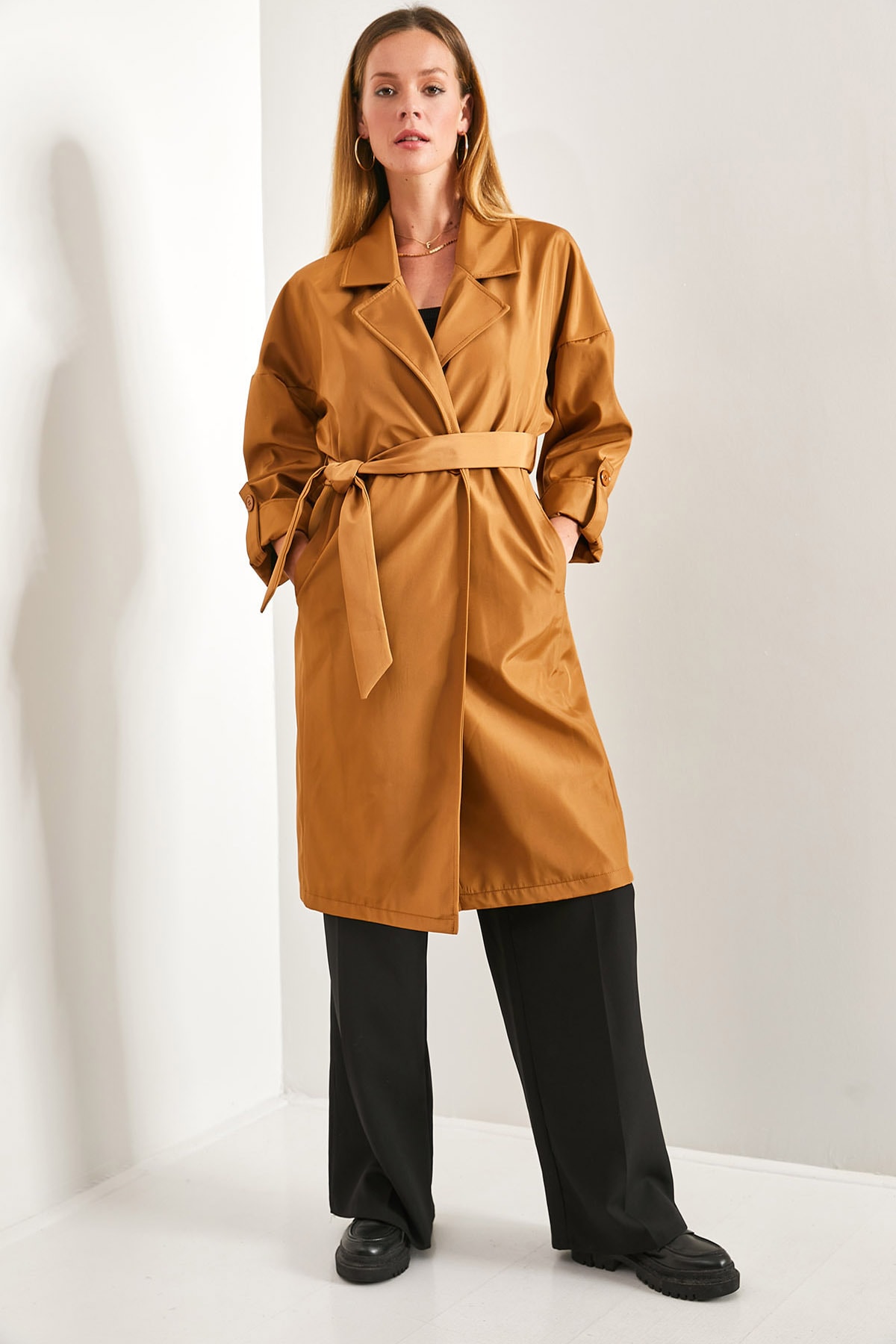 Bianco Lucci Women's Sleeve Folded Belted Trench Coat