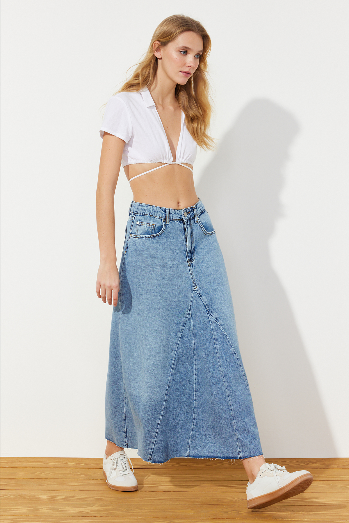Trendyol Blue Flounce Sewing Detailed High Waist Maxi Denim Skirt