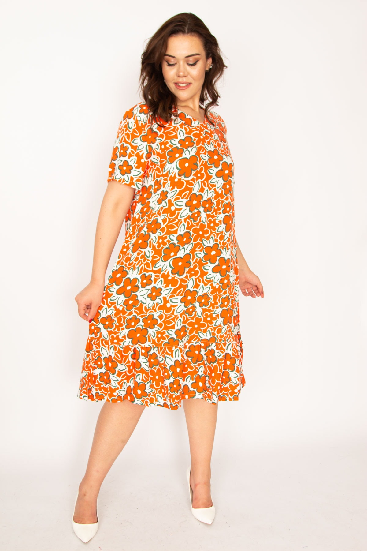 Levně Şans Women's Plus Size Orange Woven Viscose Fabric Layered Dress