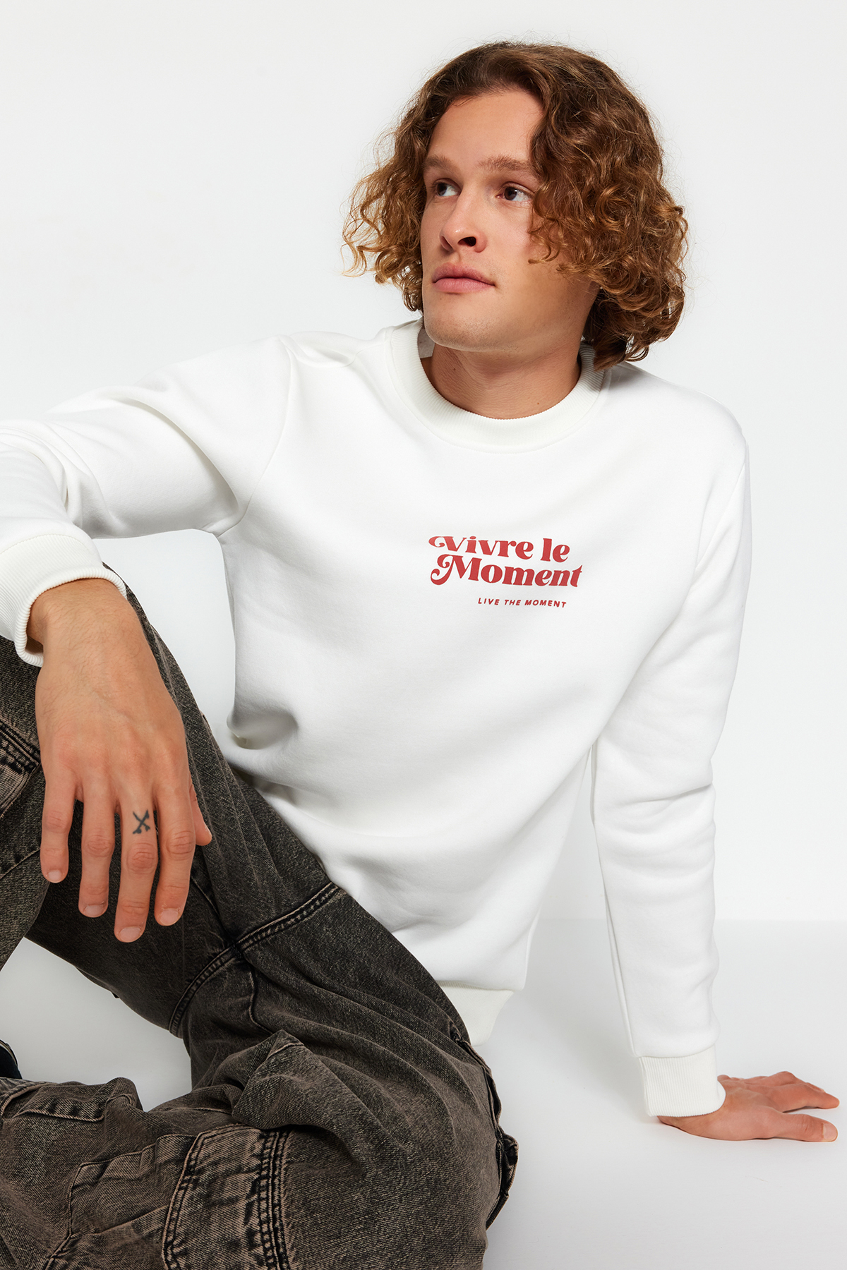Levně Trendyol Ecru Men's Regular/Normal Cut Long Sleeve Fluffy Text Printed Sweatshirt